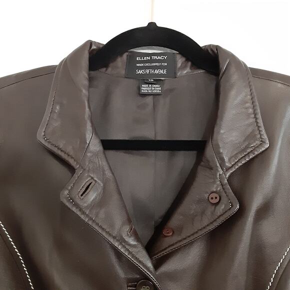 Ellen Tracy Saks Fifth Ave Chocolate Brown Genuine Leather Jacket Old Money - Picture 4 of 16